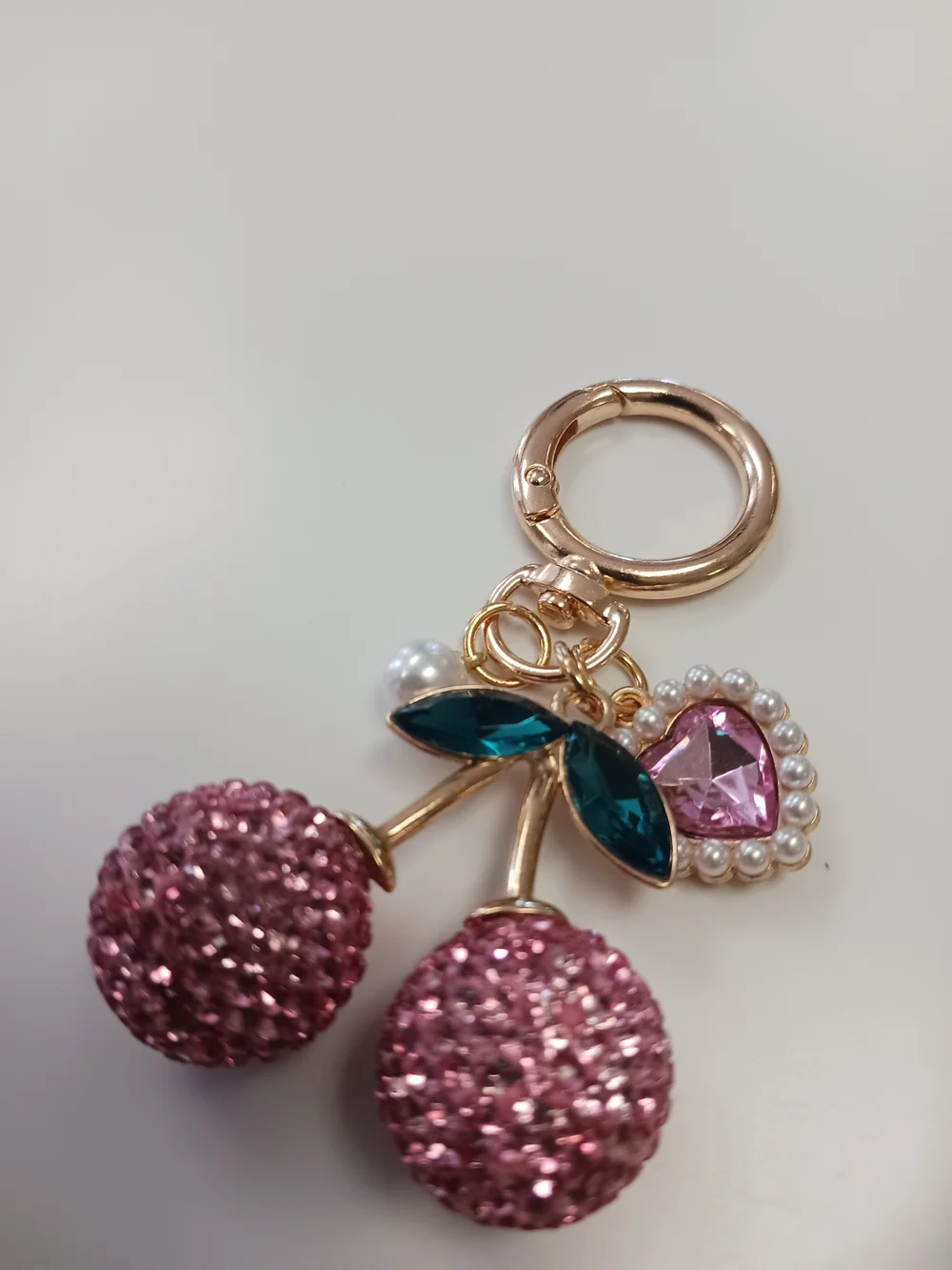 Pink  Cherry Keychain with Heart Charm